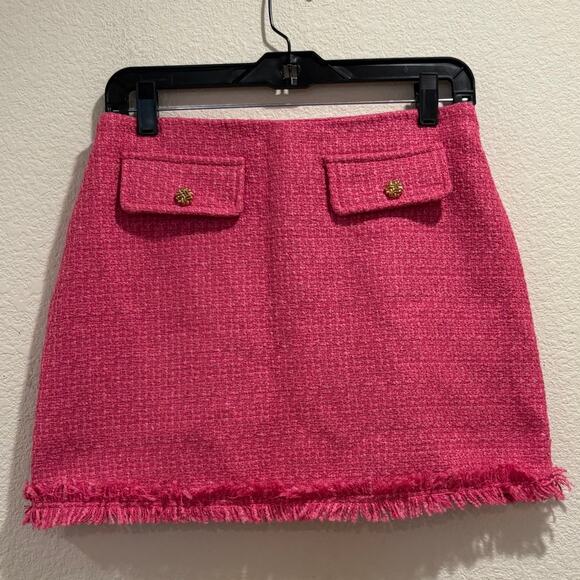 Cider NWT Pink Tweed Mid Waist Fringe Button Mini Skirt Size M - Picture 2 of 7